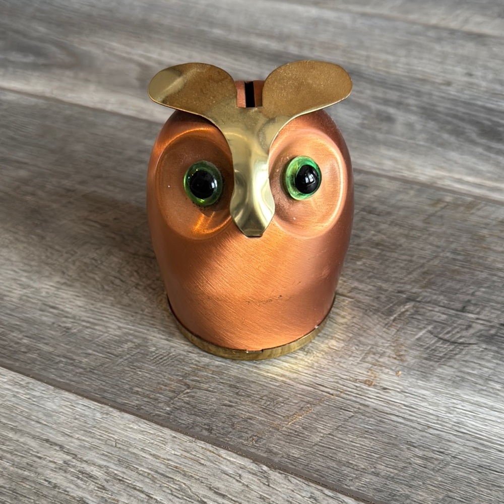 Copper Owl Figurine with Green Eyes